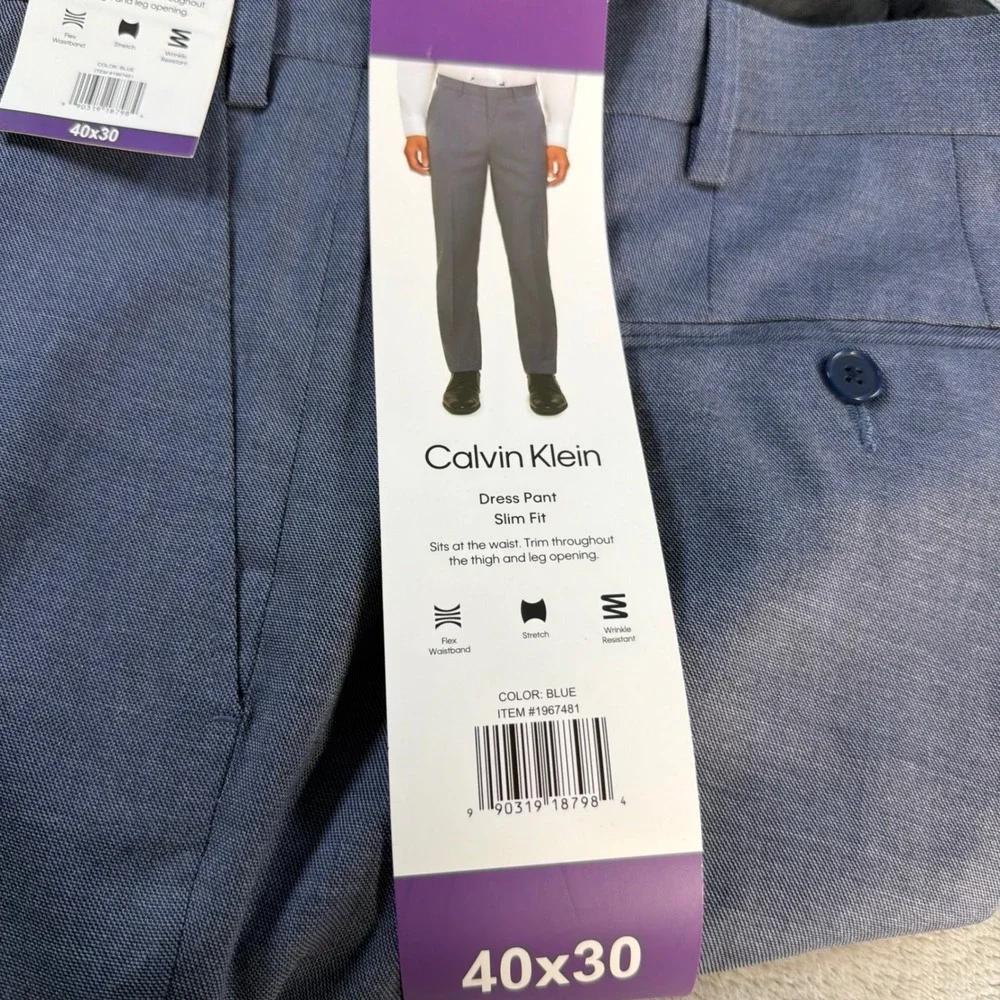 Calvin Klein Dress Pant Slim Fit Mens 40x30 Blue Stretch Wrinkle Resistant New
